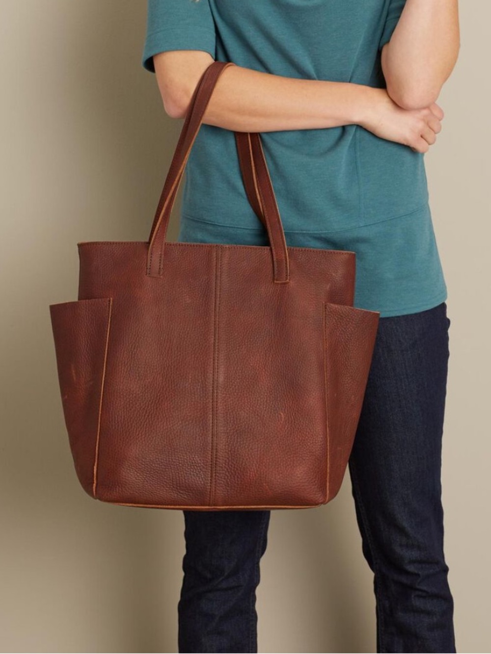 Duluth Women's Lifetime Leather Tote Bag Brown Side Pockets Durable Heavy Duty - Picture 4 of 15